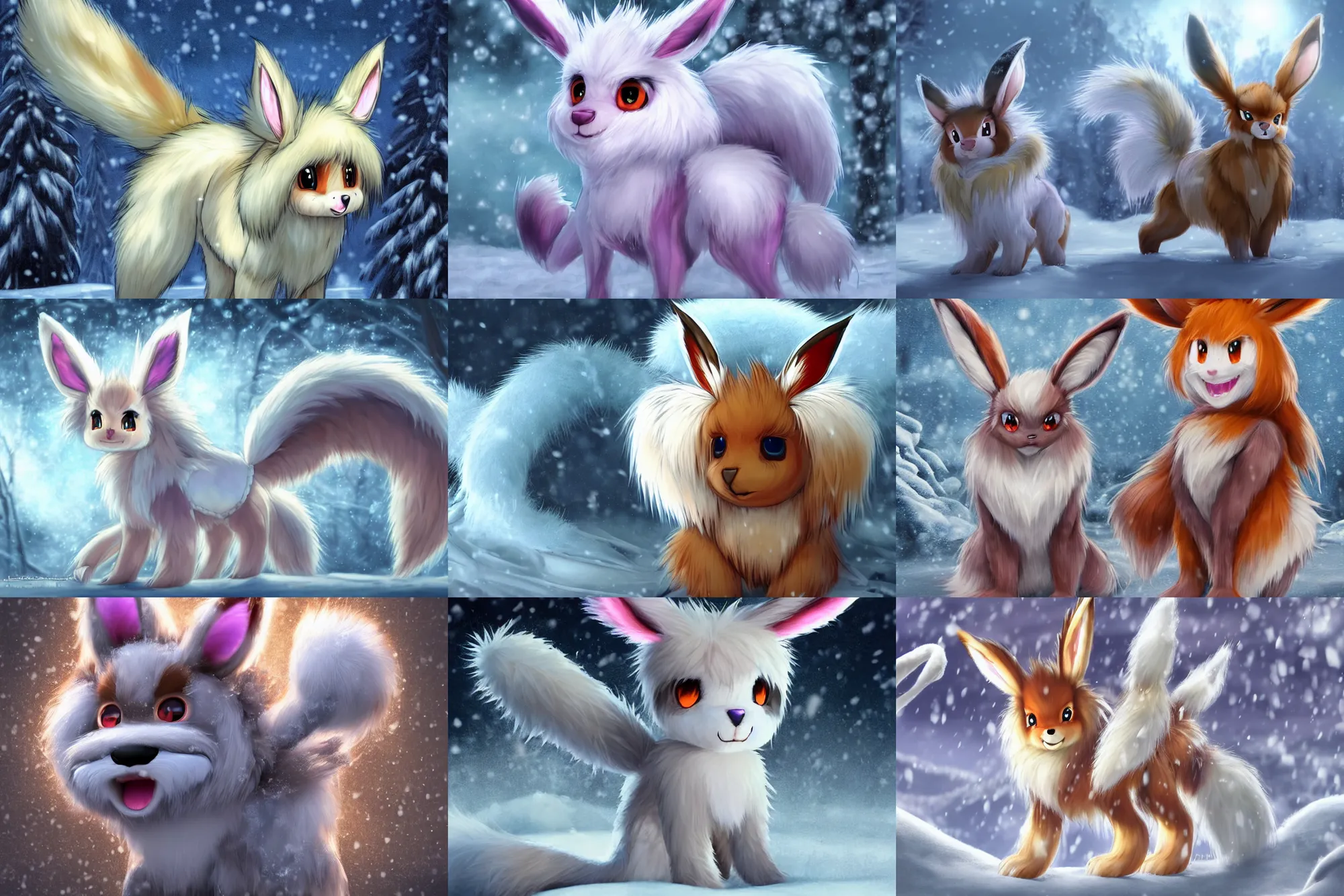 Prompt: fan art rendering of a frosty anthro fuzzy eevee evil comb sitting in snow eevee high resolution anthro eevee humanoid, CGsociety UHD 4K highly detailed, intricate heterochromia sad, watery eyes with clawed finger in nose eevee anthro standing up poofy synthetic fur tail bloody fur wearing bow braided tail looking down bleeding eevee anthro tongue sticking out wearing a sash smiling in winter facing the moon zions national frozen high resolution maid dress humanoid furry