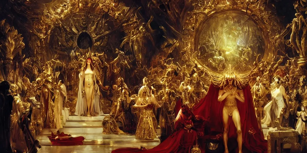 Image similar to beautiful oil painting, high details, alien in royal crimson robes enthroned as the alien god emperor of ancient civilization surrounded by servants in gilded halls a golden wreath upon his head, by anders zorn, wonderful masterpiece by greg rutkowski, beautiful cinematic light, american romanticism, by giger, rolf armstrong, ernie barnes, thomas lawrence, greg rutkowski