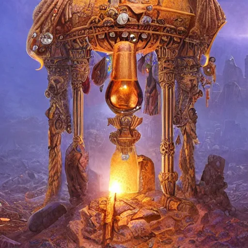 Prompt: epic view of an ancient Glass Oil Lamp surrounded by crystals, covered in jewels, ornate, surrounded by strange statues and treasure, full of sand and dust, hyper real, Indiana Jones, Tomb Raider, trending on artstation, concept art, cinematic, jewels, by Greg Rutkowski
