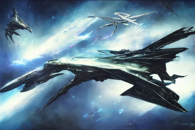 Prompt: nebula by raymond swanland, framing a pteranodon battlecruiser, with bold white kanji and number insignias, sleek, white john berkey panels, spines and towers, rows of windows lit internally, sensor array, blazing engines, robotech styling, boeing concept art, cinematic lighting by liam wong