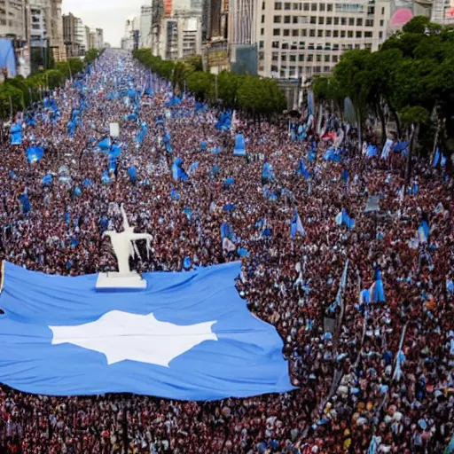 Image similar to Lady Gaga as president, Argentina presidential rally, Argentine flags behind, bokeh, giving a speech, detailed face, Argentina