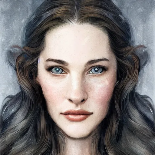 Image similar to 8 5 mm f 1. 8 portrait of a girl that is a mixture between liv tyler and carice van houten, she is about 2 5 years old, long curly hair, very tall and slender, she is wearing a elven robe, highly detailed, digital painting, artstation, concept art, smooth, sharp foccus ilustration, artstation hq