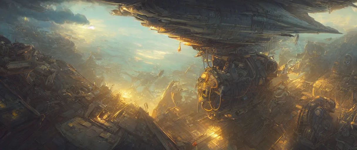 Prompt: a beautiful illustration of an airship port in a cloudpunk world by Jesper ejsing , cinematic atmosphere, establishing shot, viewed from above
