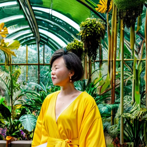 Image similar to medium photo portrait of a woman wearing a yellow kimono in a tropical greenhouse