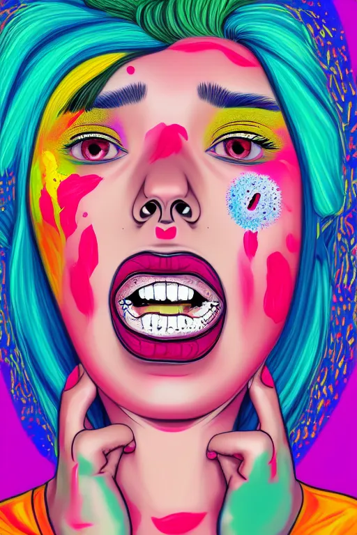 Prompt: girl make ahegao face - aesthetic, smooth painting, each individual seeds have ultra high detailed, 4 k, illustration, comical, acrylic paint style, pencil style, torn cosmo magazine style, pop art style, ultrarealism, by mike swiderek, jorge lacera, ben lo, tyler west