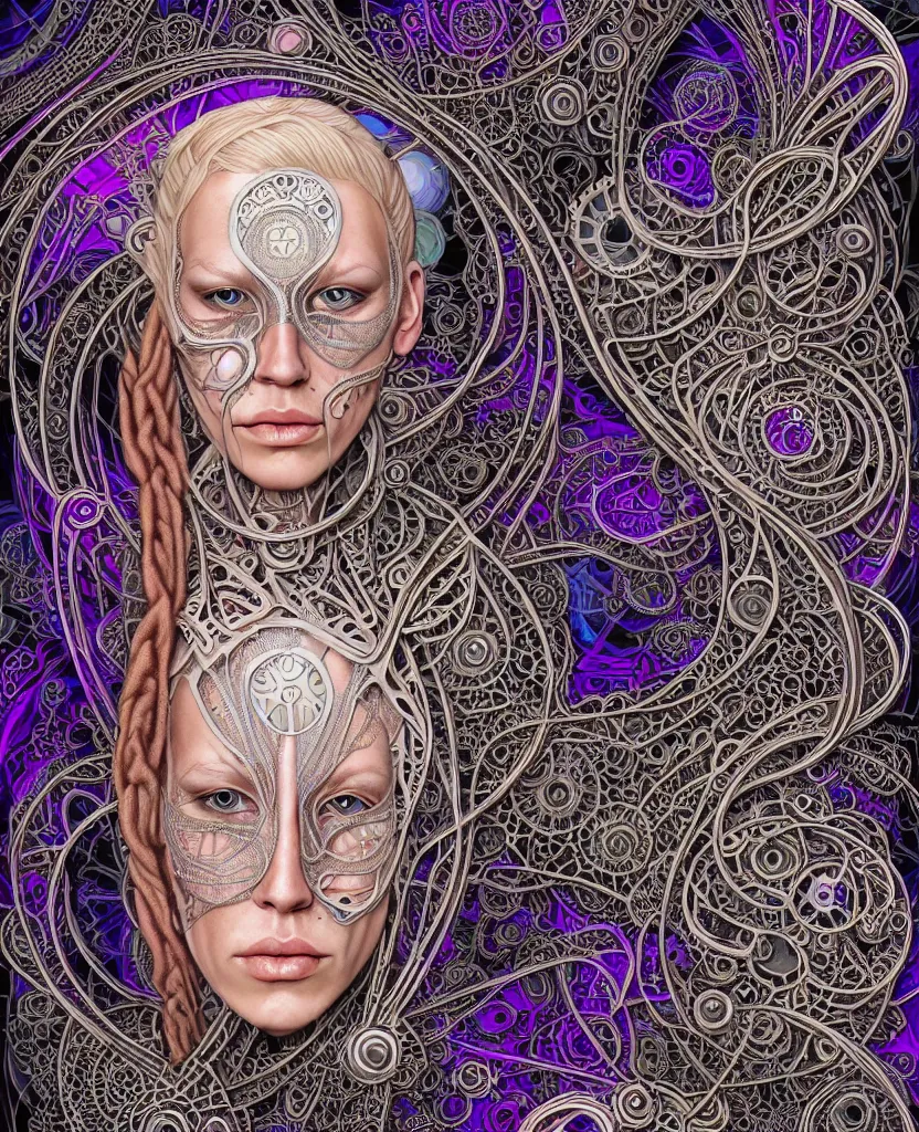 Prompt: full colour photographic beautiful biomechanical female blonde dreadlock cyborg, realistic skin, geometrical octagonal lace tattoos, alexander mcqueen, art nouveau fashion embroidered, futuristic android jones style steampunk, trippy lsd hippie, craftsmanship, intricate silver filigrees, hexagonal mesh wire, mandelbrot fractal spiral mandala, alex grey, giger, hyperreal, photorealistic