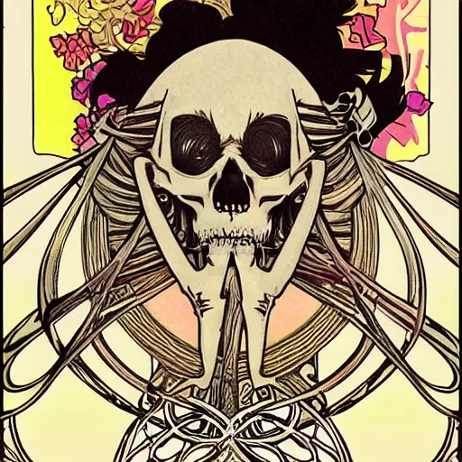 Image similar to anime manga skull portrait apes monkey skeleton illustration detailed style by Alphonse Mucha Moebius pop art nouveau