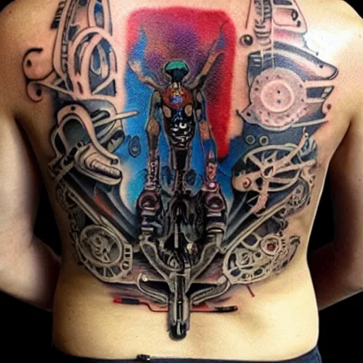 Image similar to backside on the shoulders is a tattoo of a 3 d hole in the skin with multicolored tubes and robotic mechanics and computerparts inside under the skin, insanely integrate,