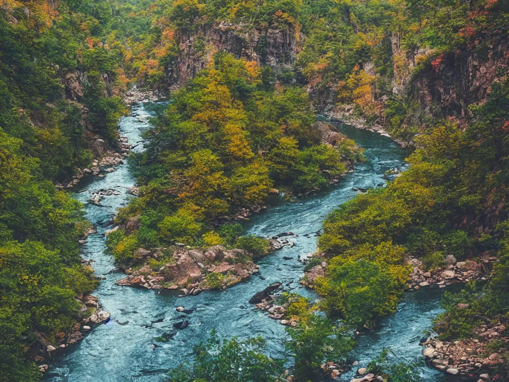 Prompt: “a river running through a canyon surrounded by mountains, a tilt shift photo by Frederic Church, trending on unsplash, hudson river school, photo taken with provia, national geographic photo, tilt shift”