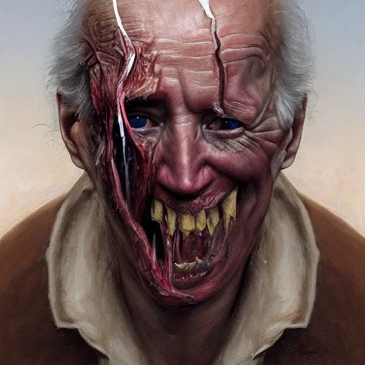 Image similar to a portrait of joe biden, flesh eating worms, macabre, horror saw teeth, horror rotten teeth, peeling face skin, by donato giancola and greg rutkowski and wayne barlow and zdzisław beksinski, realistic face, visible face, digital art, artstation, symmetry