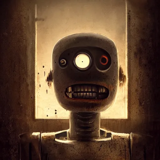 Prompt: photo of an old dirty robot looking at the camera and smiling with a creepy face in a basement by Greg Rutkowski, dark, creepy, horror, disgusting, dust, brown scheme color, uncanny valley