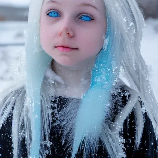 Image similar to ice dust around a frozen girl with white hair and blue eyes