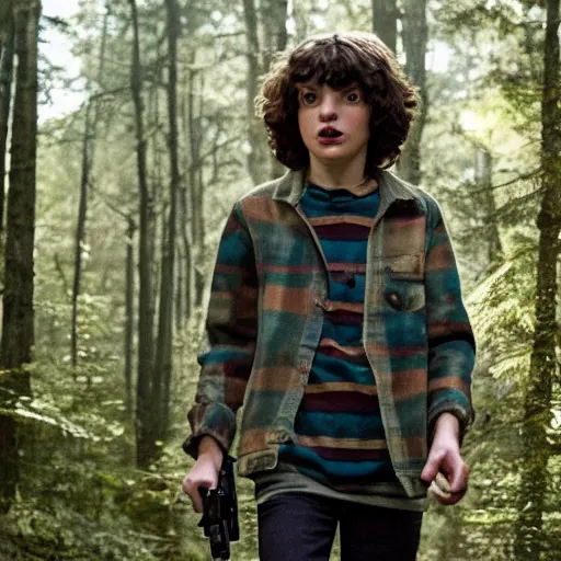 Image similar to Finn Wolfhard (Mike Wheeler) for Stranger Things holding a gun and running in a forest, dramatic lighting, cinematic, establishing shot, extremely high detail, photo realistic, cinematic lighting