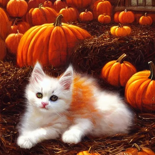 Image similar to a cute fluffy kitten amidst piles of pumpkins. halloween autumn fall art. beautiful painting by henriette ronner - knip and artgerm and greg rutkowski