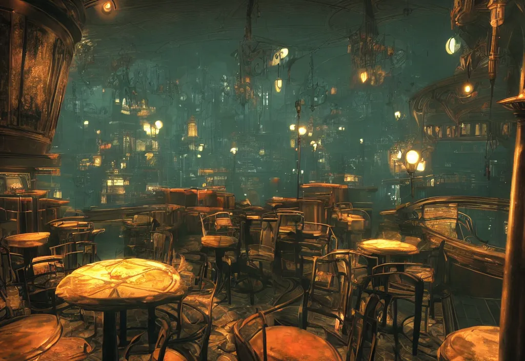 Prompt: In the world of rapture from the world of bioshock you are in a bar, there is a window that lets you see the whole city underwater and you are drinking a rum and coke, there are masks on the tables