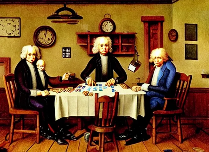 Image similar to family photo of isaac newton and stephen hawkins an einstein playing poker in an old west saloon in the style of norman rockwell