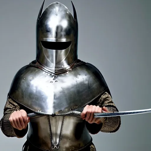 Image similar to a masked warrior in silver armour, wearing a tall, conical helmet clutching a sword
