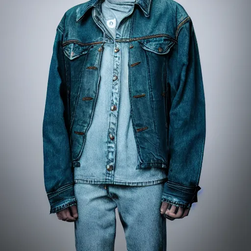 Prompt: an award - winning closeup editorial photo of a male model wearing a teal distressed baggy medieval denim menswear jacket by alexander mcqueen, 4 k, studio lighting, wide angle lens