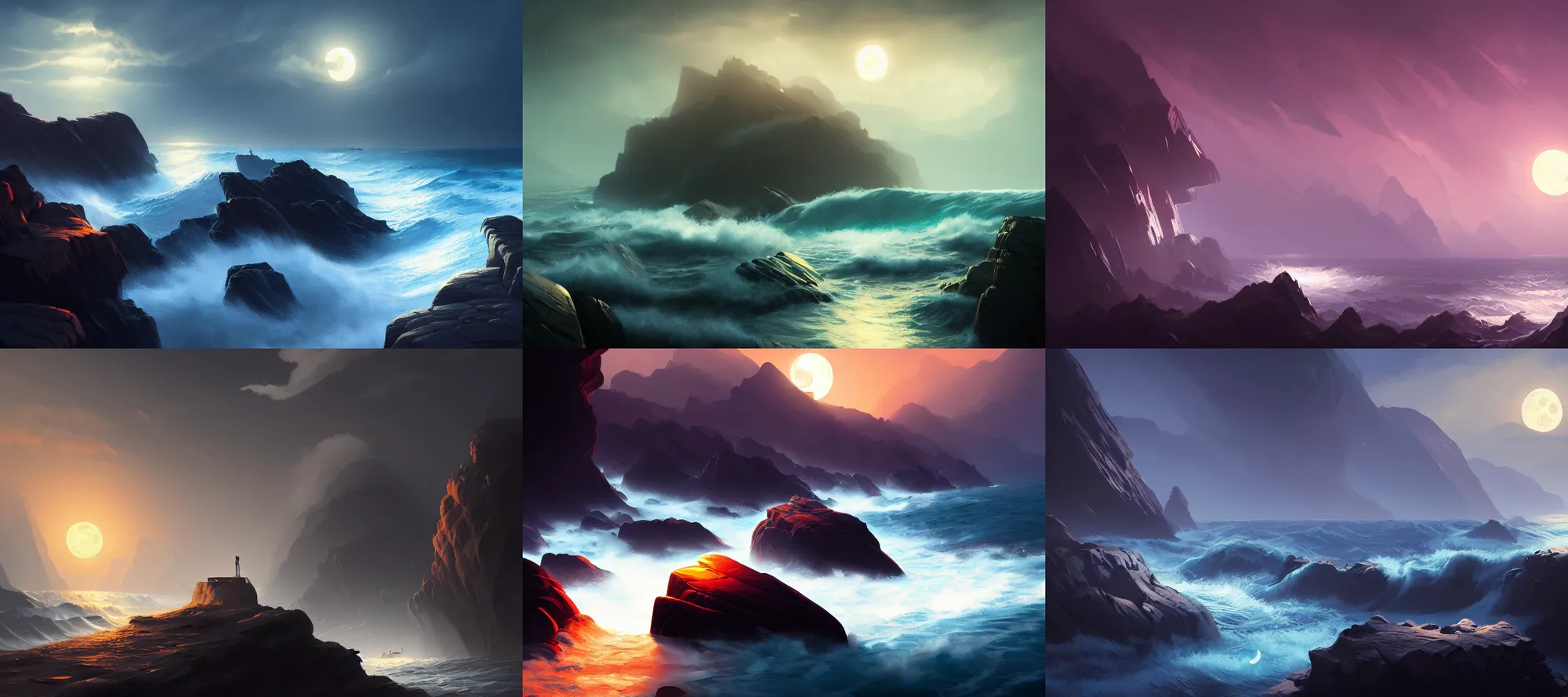 Prompt: stormy rocky coast, moonlight, dreamworks, bastien grivet, dominik mayer, artstation