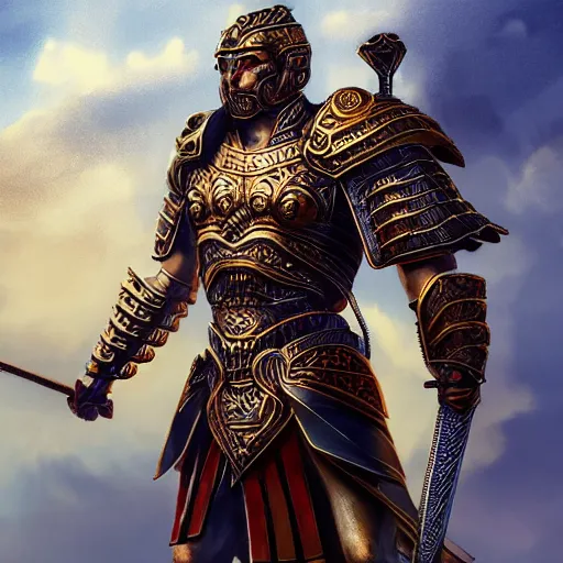 Prompt: highly detailed full body portrait of the god Ares in full hoplite armor, digital art, concept art, character art, cinematic lightning, bright colors, intricate, masterpiece, photorealistic, hiperrealistic, sharp focus, high contrast, Artstation HQ, DeviantArt trending, 4k UHD, Unreal Engine 5