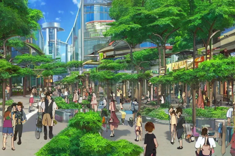 Prompt: an optimistic futuristic pedestrian mall with landscaped streams, idyllic crossing bridges and pop motifs, by ghibli, also cannabis
