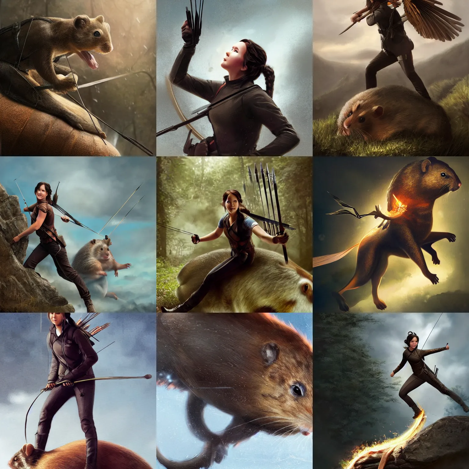 Prompt: katniss everdeen climbing a giant hamster like a horse, digital art by greg rutkowski, but as macro photography