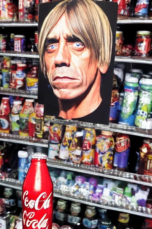 Image similar to a bottle of cola with iggy pop's face on the label, sitting on a store shelf