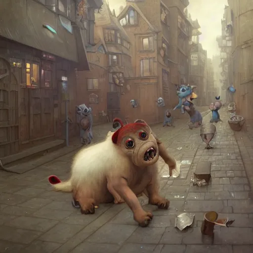 Prompt: little crazy monsters, furry creatures, monster emotional monsters and creatures in the city alleyway, wrestling each other in the style of Johfra and Shaun Tan, By Ruan Jia and Artgerm and Range Murata and WLOP and Ross Tran and William-Adolphe Bouguereau and Beeple, Fantasy Illustration. award winning, Artstation, intricate details, realistic, Hyperdetailed, 8k resolution.