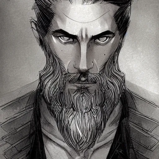 Prompt: very attractive man with beard, body full, strong masculine features, 3/4 front view, slim, short hair, 35 years old, epic character design, defensive pose, sophisticated clothing with some steampunk elements, command presence, royalty, weathered face, smooth, sharp focus, organic, appealing, book cover, deep shadows, by Dave McKean sketch lineart for character design