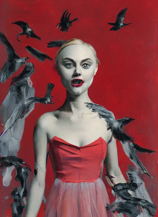 Image similar to portrait of annasophia robb standing on her knees, frozen cold stare, mouth open in shock and bliss, blood red background, transparent gray skirts, stockings, crows swarming trapped in the void as a symbol of death, in style of surrealism of Francis Bacon painting, Ilya Kuvshinov, John Singer Sargant, impasto textures of Chaim Soutine and Frank Auerbach, American Gothic, Japanese Gothic,