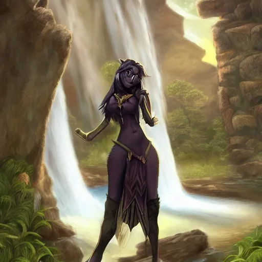 Prompt: fantasy art of a noble werefox with a long tail, standing in front of a waterfall, photorealistic, Hibbary, Dark Natasha, Goldenwolf, FurAffinity