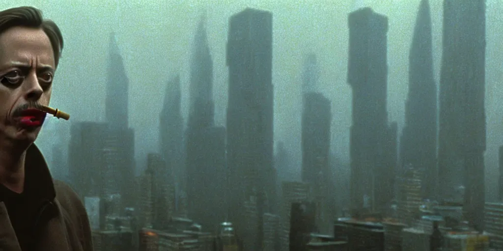 Image similar to beautiful cinematic film still of steve buscemi smoking a cigarette on a building top overlooking the rainy city in blade runner, 4 k