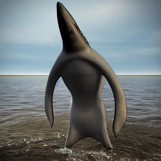 Image similar to 3 d render, hyper realistic anthropomorphic shark, male, clothing made from seaweed.