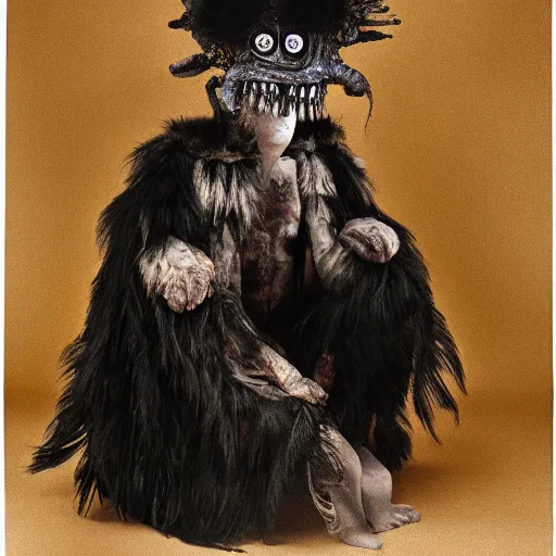 Image similar to a photography of a monstruous costum with big painted eyes and multiple layers of fabric and fur by charles freger
