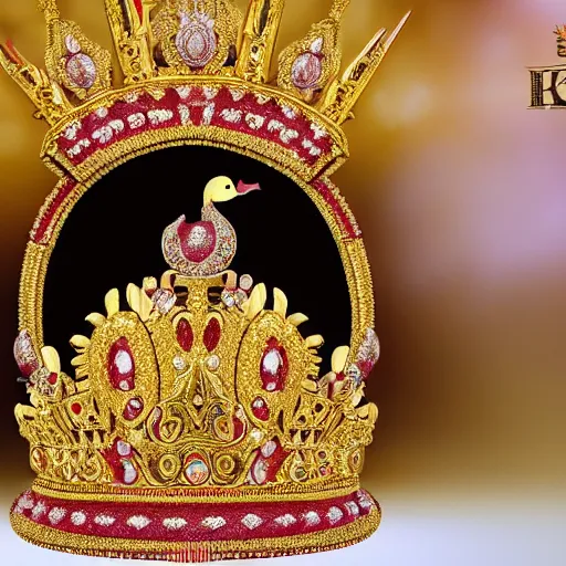 Image similar to a real duck king sitting on a gold throne decorated with many rubies and diamonds, duck king is wearing a gold crown and gold necklace, super realistic, 4k