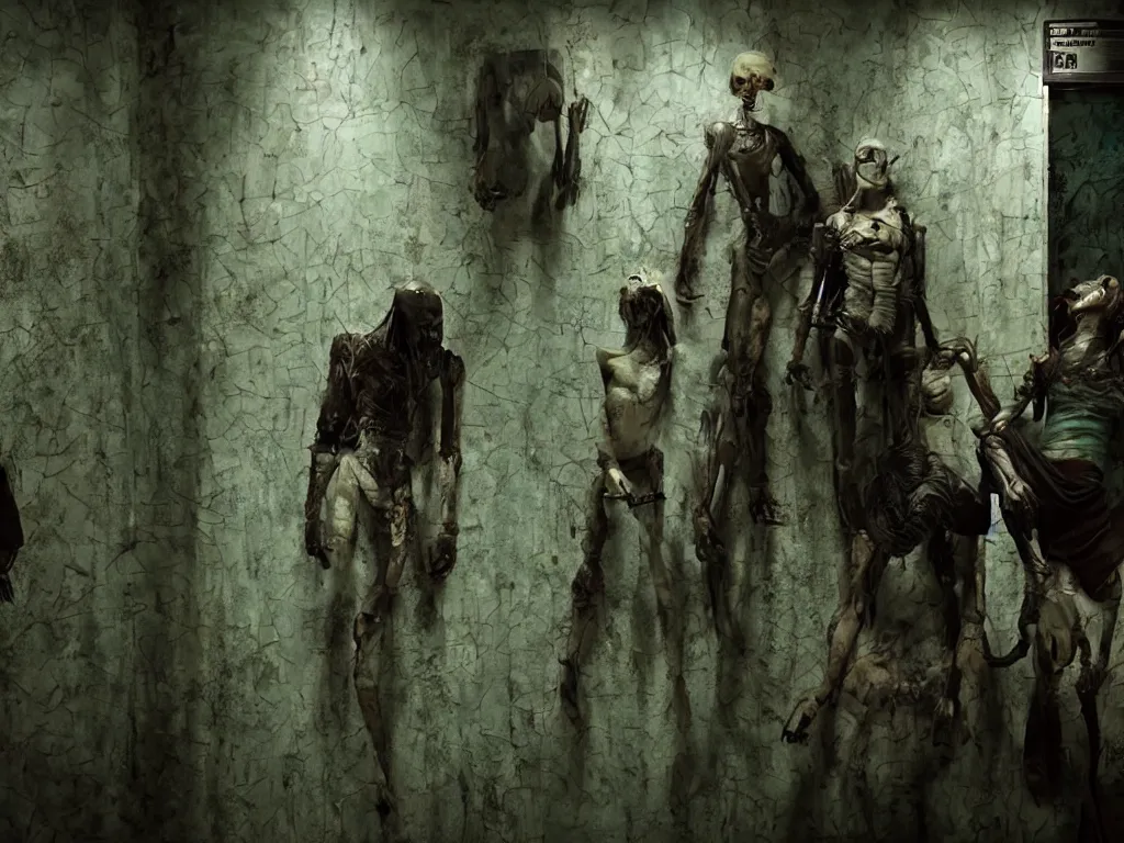 Prompt: animatronic humanoid figures on the subway, dimly lit, distressed Venetian green plaster walls, liminal space, haunting atmosphere, gothic, photorealistic, hyperdetailed 3D matte painting, hyperrealism, hyperrealistic, cinematic, silent hill, horror style, unrealengine octane render