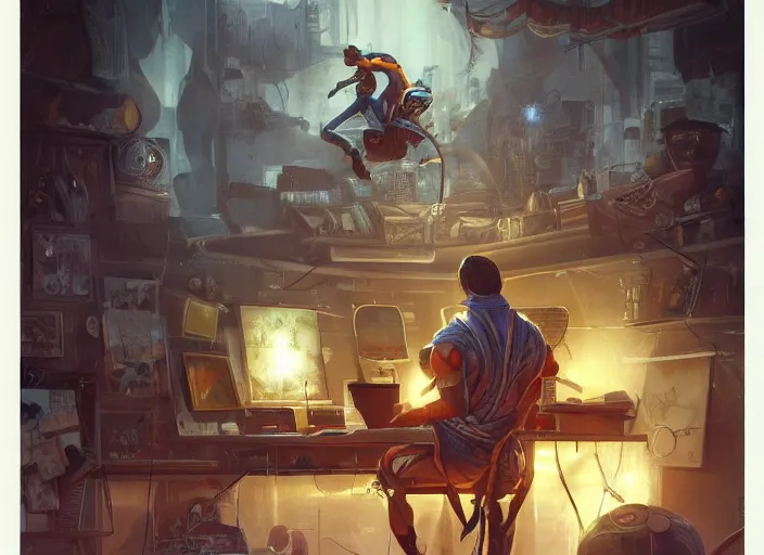 Image similar to an insanely detailed painting of an asian man wearing a homemade superhero costume, sitting at a desk, staring seriously at the computer and typing, in the style of peter mohrbacher, james jean, artgerm, dramatic lighting and composition, surreal background, octane render, pixar, trending on artstation, concept art, comic book, view from behind, 8 k