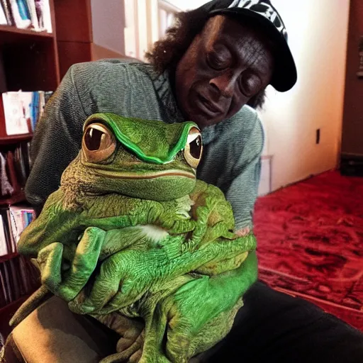 Image similar to miles davis petting pepe the frog, photography