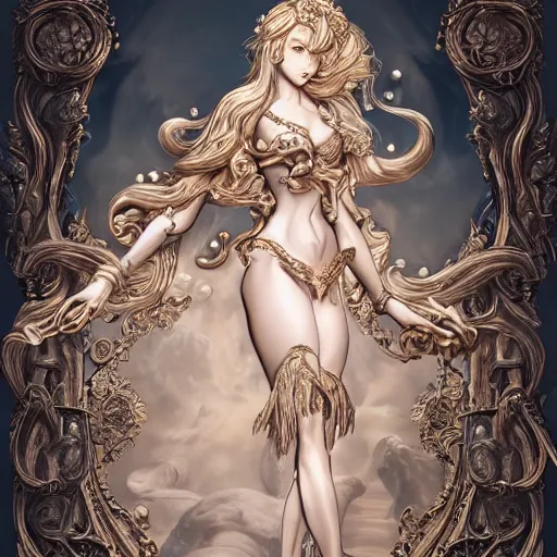 Image similar to aphrodite, baroque style, elegant, beautiful, mesmerizing, concept art, fancy clothing, highly detailed, artstation, behance, deviantart, inspired by innocent manga, inspired by castlevania concept art, trending, ayami kojima, shinichi sakamoto