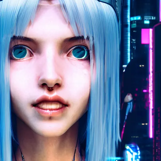 Image similar to A cyberpunk portrait of a cute woman with one robotic eyes, robot, cyborg, detailed, textured, artstation, Blade Runner, Ghost in the Shell, Alita, Battle Angle, Cyberpunk 2077, Pinterest, photorealism, octane render.