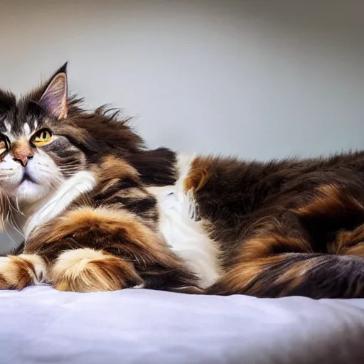 Image similar to very cute huge giant large calico main coon taking up entire bed, stunning eyes, portrait, pixar style, cinematic lighting, award winning creature portrait photography