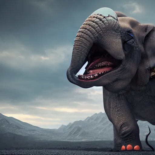 Prompt: evil diamond screaming elephant kaiju, cinematic, epic scale, hyper detailed, photorealistic, rule of thirds, 8 k.