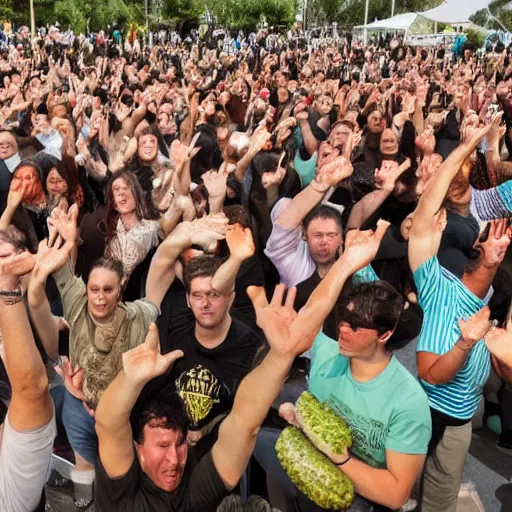 Image similar to a crowd of people worshipping a pickle