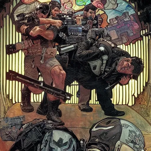 Image similar to The punisher fighting cops. Epic painting by James Gurney, Belén Ortega, and alphonso mucha. vivid realistic colors.