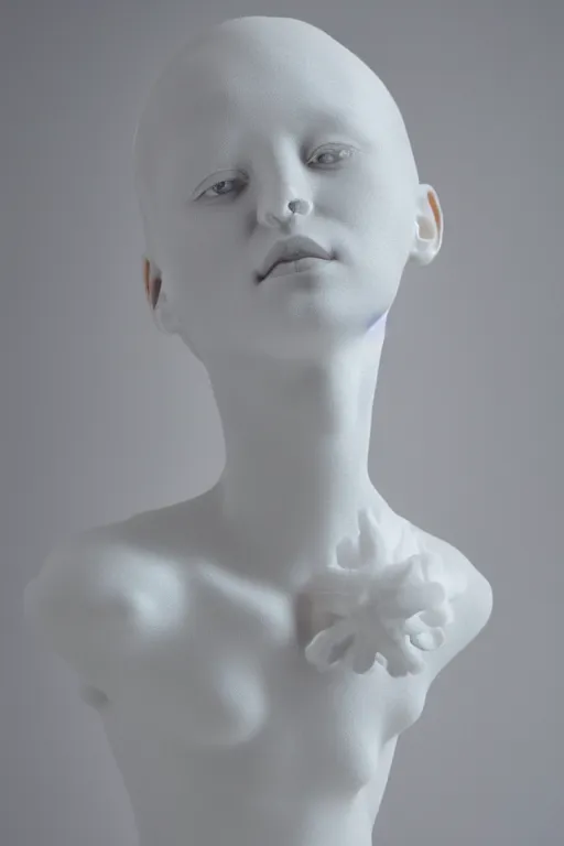 Image similar to full head and shoulders, beautiful female white, porcelain sculpture, with huge perspex bubbles attached to head, by daniel arsham and james jean, on a white background, delicate facial features, white eyes, white lashes