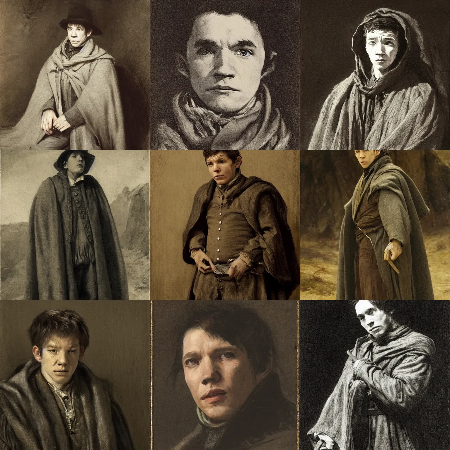 Prompt: young Lee Evans as a sad 19th century wanderer, dressed in a gray, worn traveling cloak , cinematic lighting, highly detailed, realistic, portait by Jan Matejko