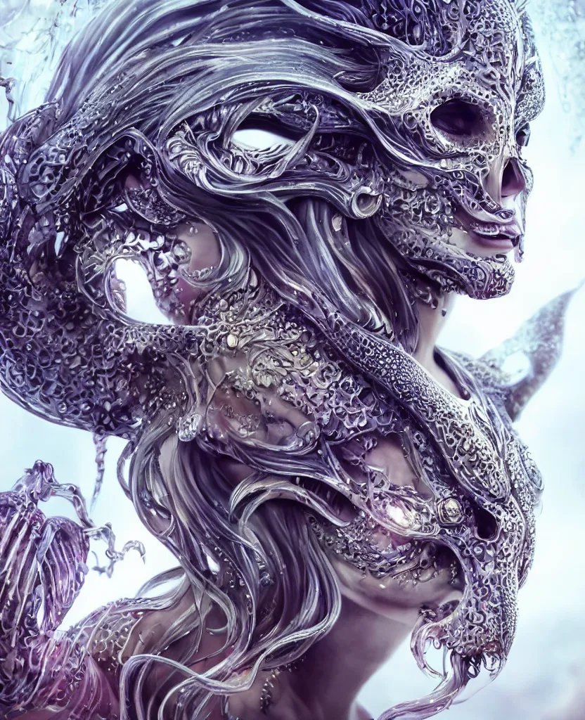 Image similar to close-up macro portrait of the face of a beautiful princess with animal skull mask, epic angle and pose, symmetrical artwork, 3d with depth of field, blurred background, cybernetic jellyfish female face skull phoenix bird, translucent, nautilus, energy flows of water and fire. a highly detailed epic cinematic concept art CG render. made in Maya, Blender and Photoshop, octane render, excellent composition, cinematic dystopian brutalist atmosphere, dynamic dramatic cinematic lighting, aesthetic, very inspirational, arthouse. y Greg Rutkowski, Ilya Kuvshinov, WLOP, Stanley Artgerm Lau, Ruan Jia and Fenghua Zhong