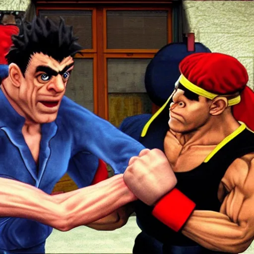 Prompt: rowan atkinson fist fighting hugh laurie as street fighter characters, street fighter game style, high detail