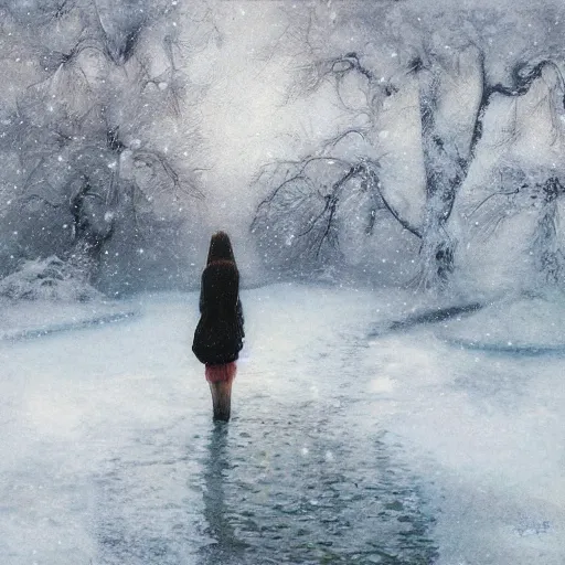 Prompt: girl in a snowy landscape, digital art, by Yoshitaka Amano, oil on canvas