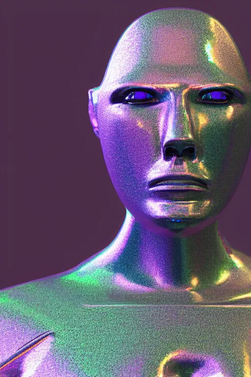 Image similar to 3d render of holographic angry human robotic screaming angry bust made of glossy iridescent, screaming, bust, surrealistic 3d illustration of a human non-binary, non binary model, 3d model human, cryengine, made of holographic texture, holographic material, holographic rainbow, concept of cyborg and artificial intelligence